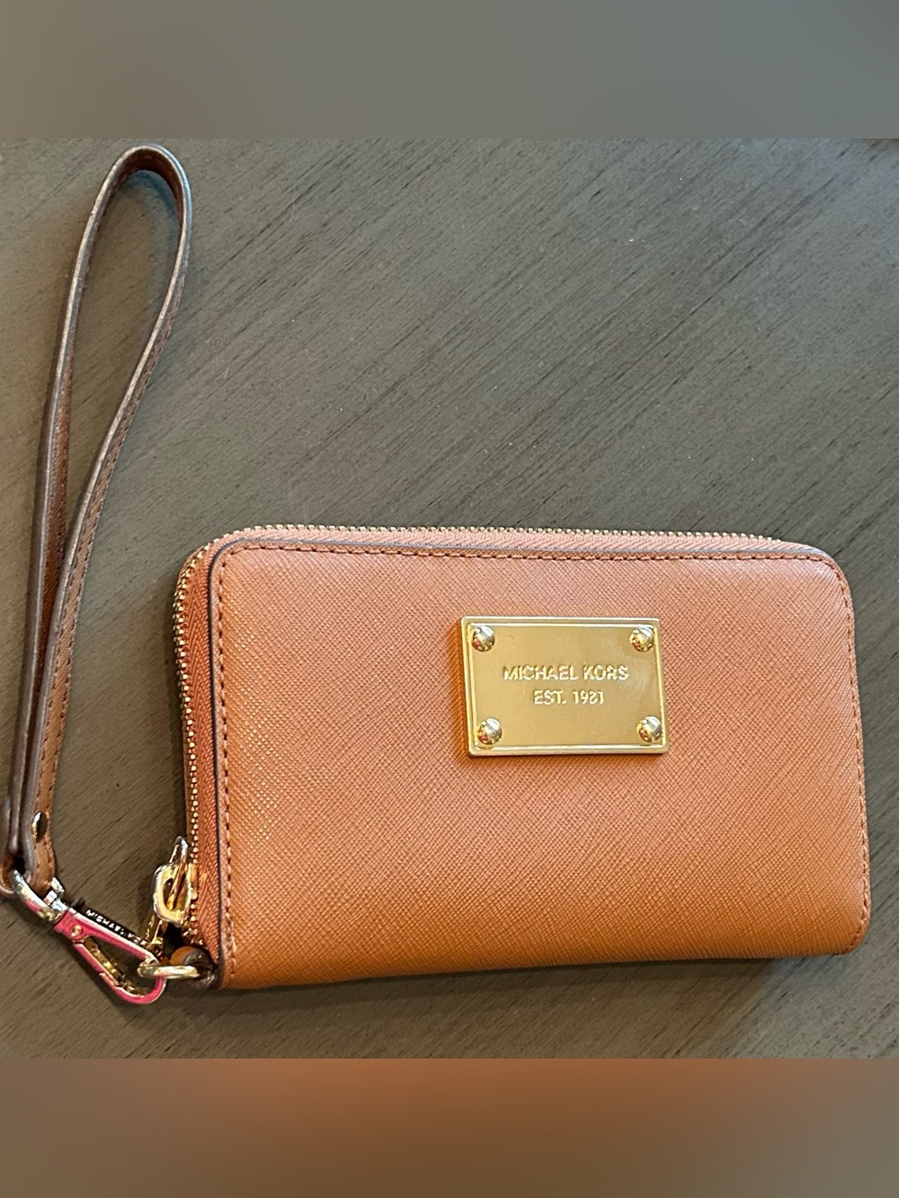 Michael Kors Cognac Saffiano Leather Zip Wristlet with Gold Plate